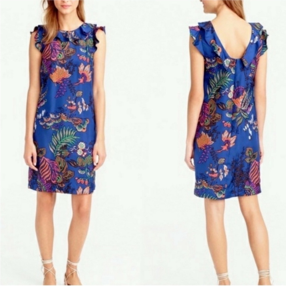NWOT J. Crew Silk Ruffle Tropical Floral Blue Dress sleeveless Lined excellent
